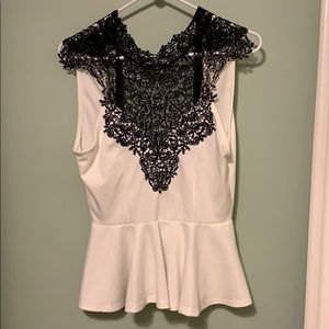 White and Black Lace Peplum Top with Ribbon